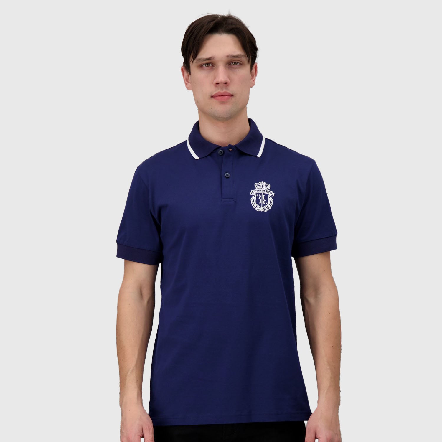 Billionaire Men's Dark Blue Short Sleeve Polo Shirt with Embroidered Crest - Perfect for Golf, Business Casual & Summer Outfits