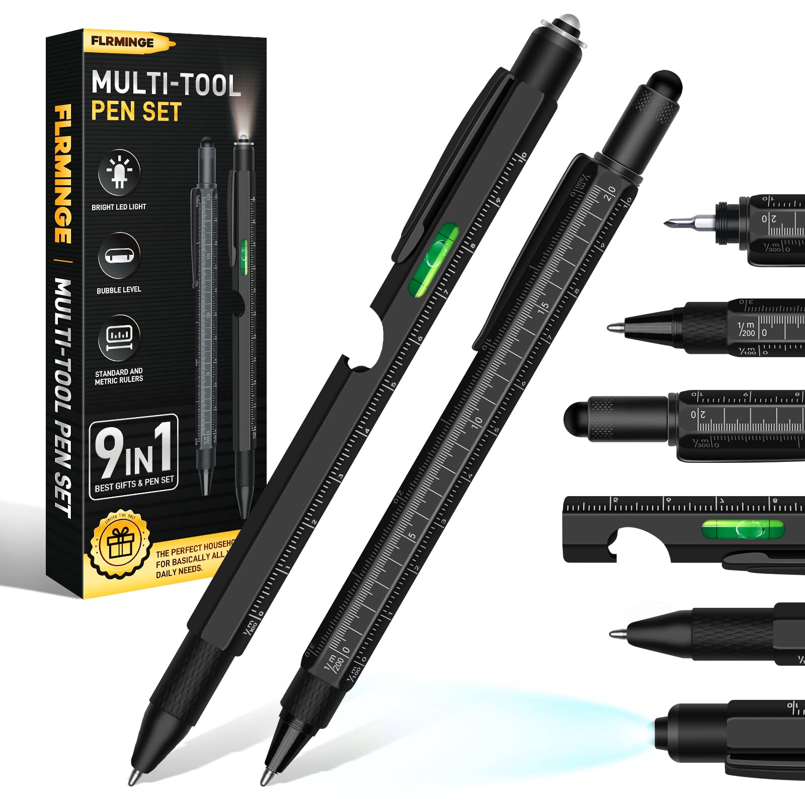 9-in-1 Multitool Pen Set (2Pc) - Perfect Gifts for Men, Dad, Husband - Fathers Day & Christmas Present - Unique Tool Gadget for Stocking Stuffers - Great for Camping, Office & Everyday Carry (Black)