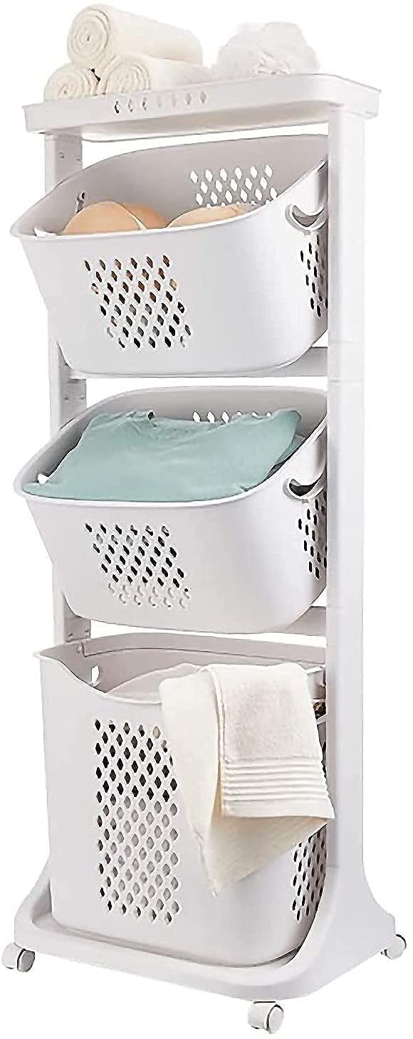 LSZ 3-Tier Rolling Laundry Hamper with Wheels - Foldable Clothes Storage Organizer for Bathroom, Bedroom & Kitchen - White Multi-Layer Laundry Sorter Basket for Dirty Clothes & Household Items (Ideal for Small Spaces & Apartment Living)