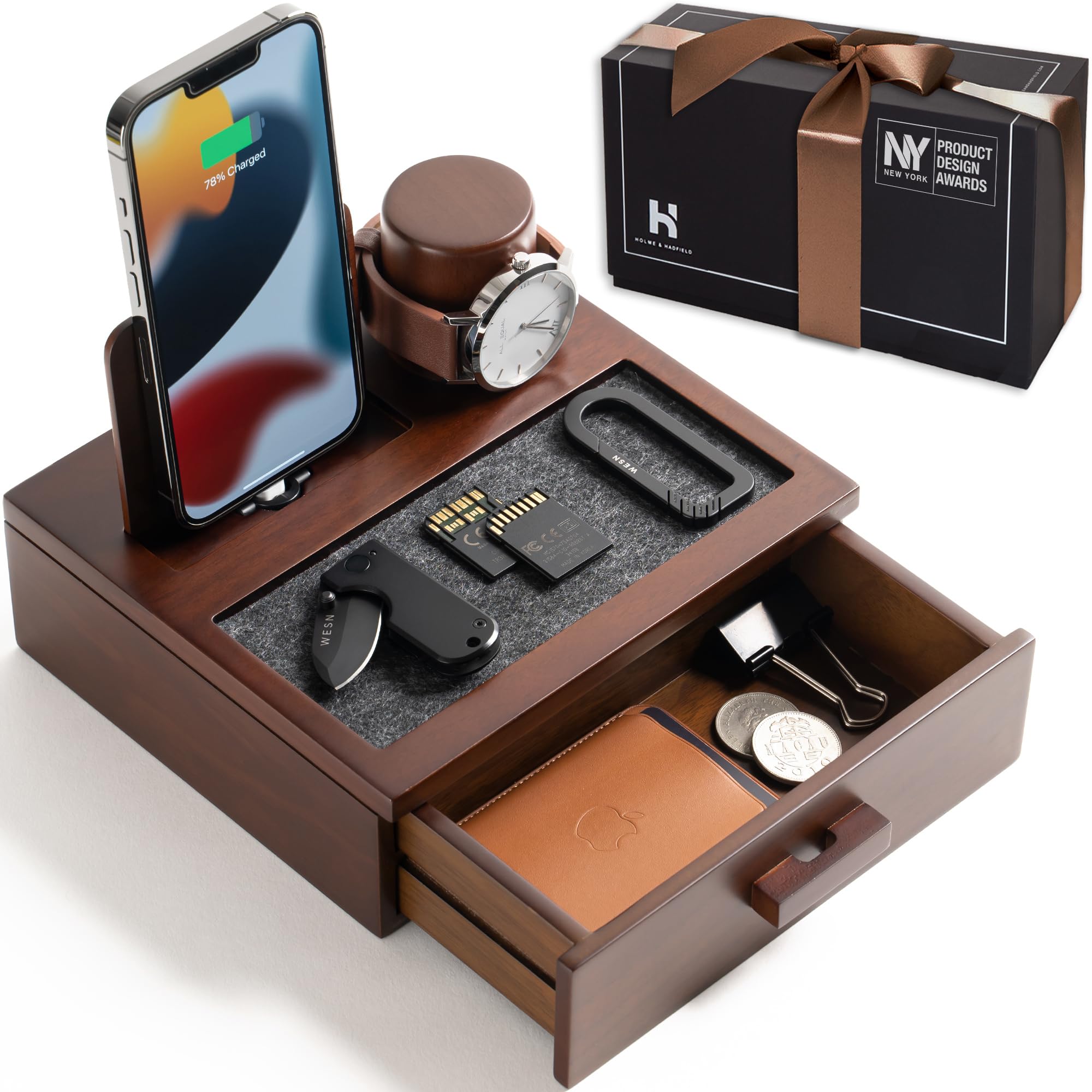 Premium Wooden Phone Docking Station with Drawer - Nightstand Organizer for Charging Phone, Watch & Keys - Felt-Lined Protection & Watch Pillar - Perfect Gift for Men - Ideal for Bedroom, Office & Travel Use