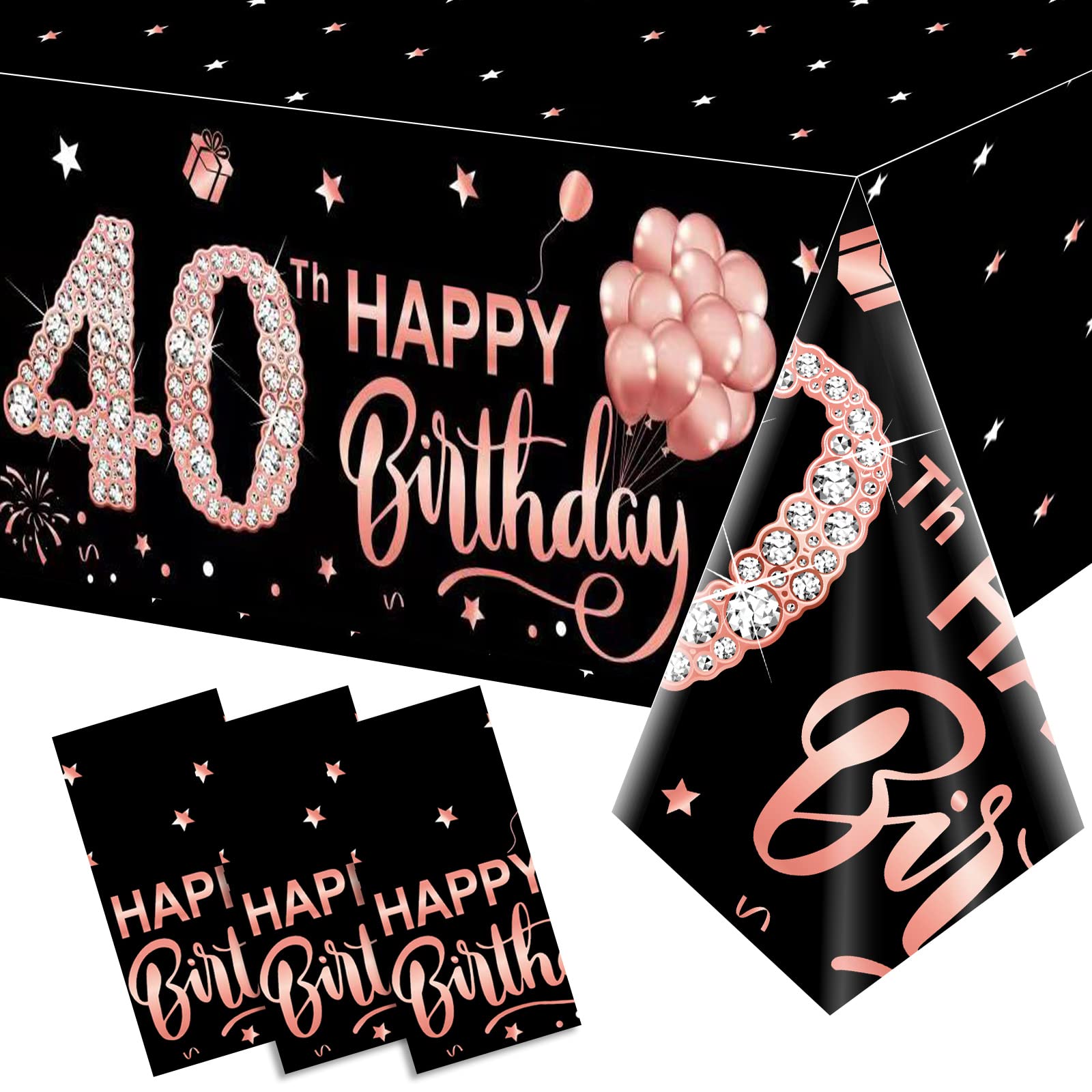 3 Pack Rose Gold Happy 40th Birthday Tablecloth Decorations for Women - Disposable Plastic Rectangular Table Cover - 40 Year Old Party Supplies - Perfect for Birthday Celebrations, Anniversary Parties & Special Events