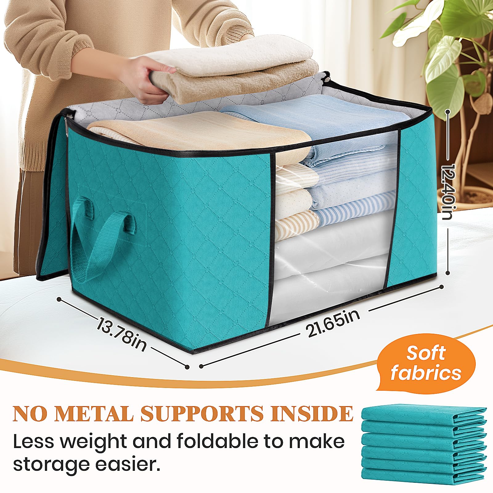6-Pack Foldable Thick Fabric Storage Bags with Handles - Organize Clothes, Blankets, Comforters | Perfect for Bedroom, Closet & Home Organization (Green)