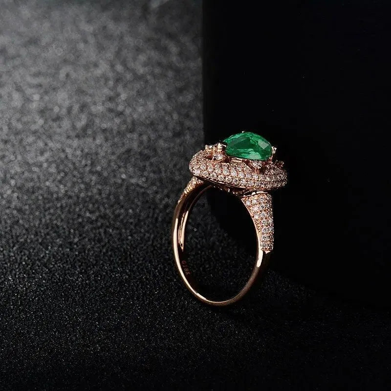 18K Rose Gold Emerald Ring for Women - 1.68ct Pear Cut Real Green Gemstone with SI Diamonds - Elegant Engagement & Wedding Jewelry - Perfect for Christmas Gifts, Anniversary & Special Occasions