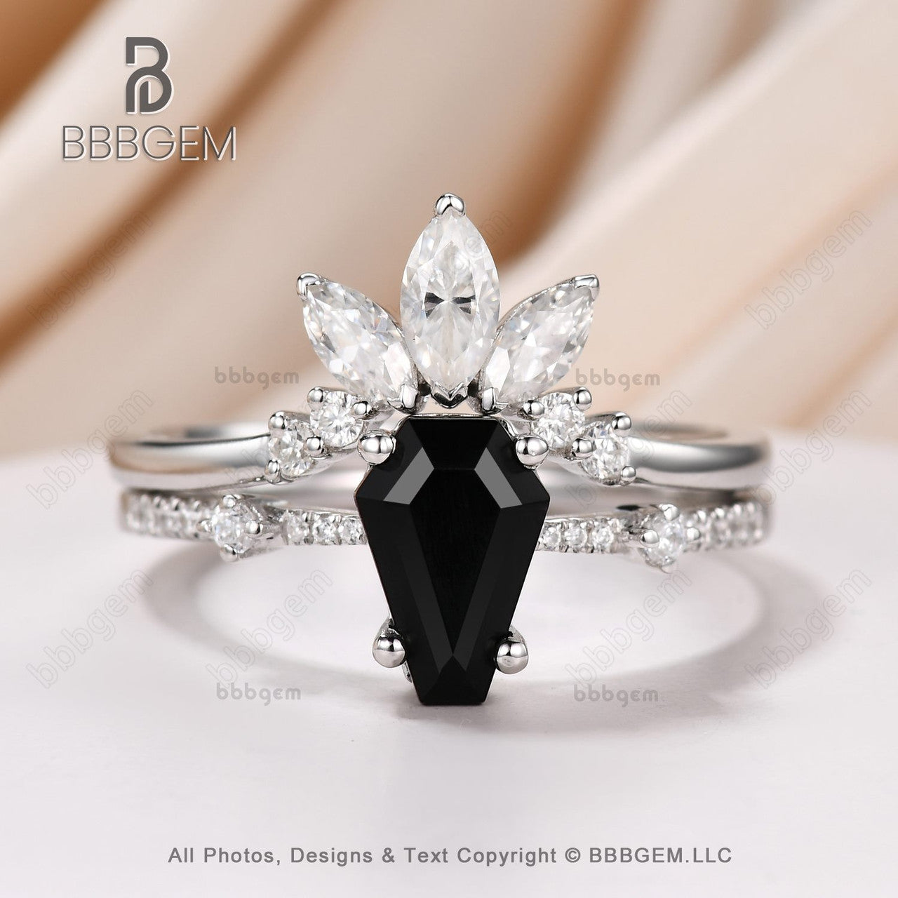 Women's Black Onyx Coffin Statement Ring Set - 3 Stone Marquise Moissanite Curve Band White Gold Promise Ring for Engagement, Anniversary & Special Occasions
