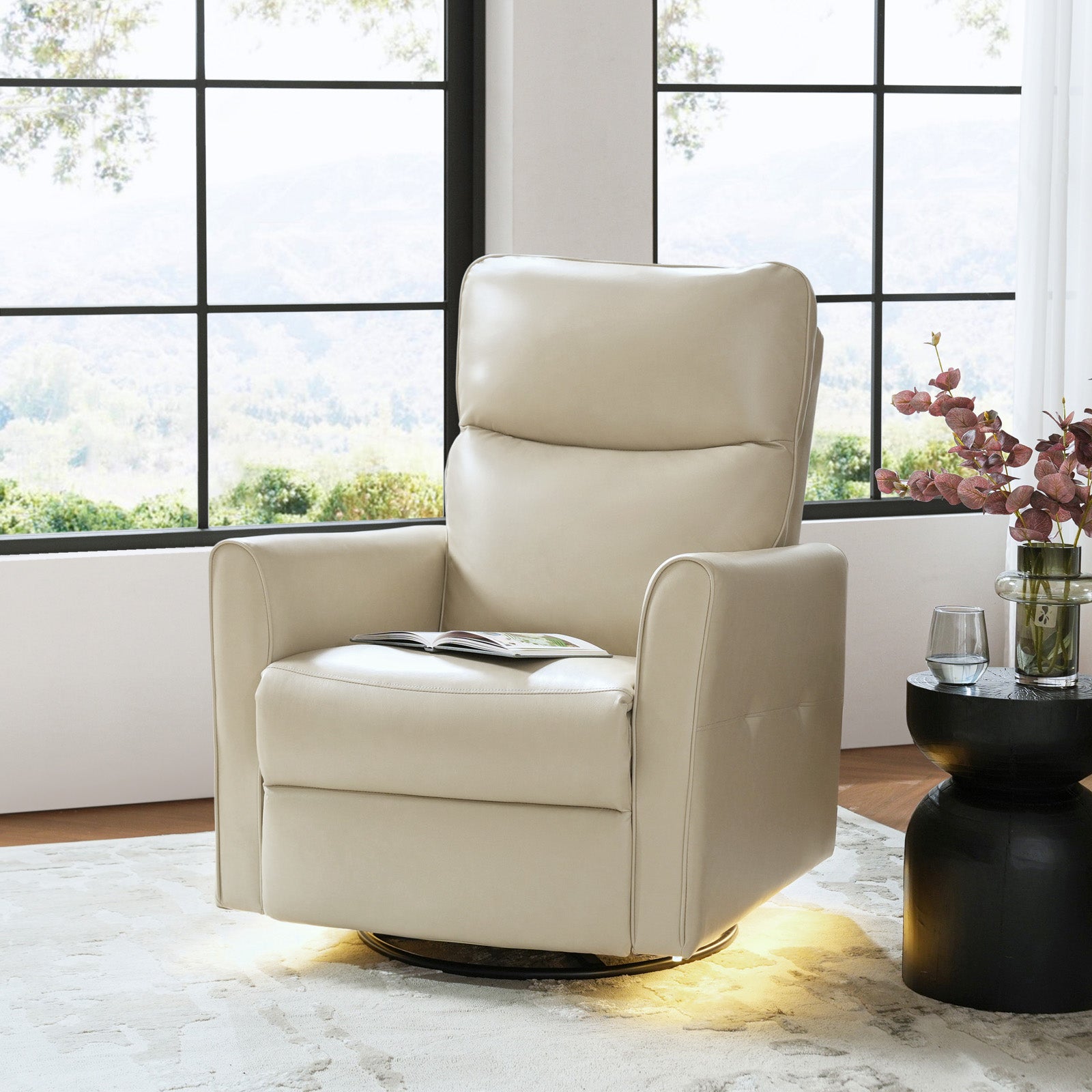 Modern Faux Leather Power Swivel Recliner Chair with USB Charging & Adjustable LED Reading Lamp - Perfect for Home Theater, Living Room & Office Relaxation
