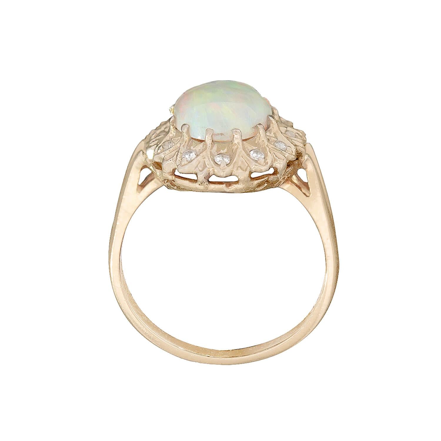 Vintage 14K Gold Opal and Diamond Halo Ring - Elegant Engagement, Wedding, Anniversary Jewelry Gift for Women