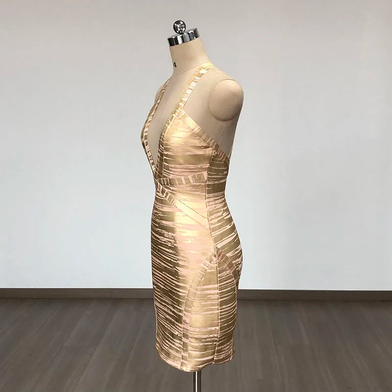 Sexy Gold Foil Off Shoulder Bodycon Mini Dress for Women - V Neck Bandage Party Dress for Evening, Birthday, Club & Night Out (Vestido)