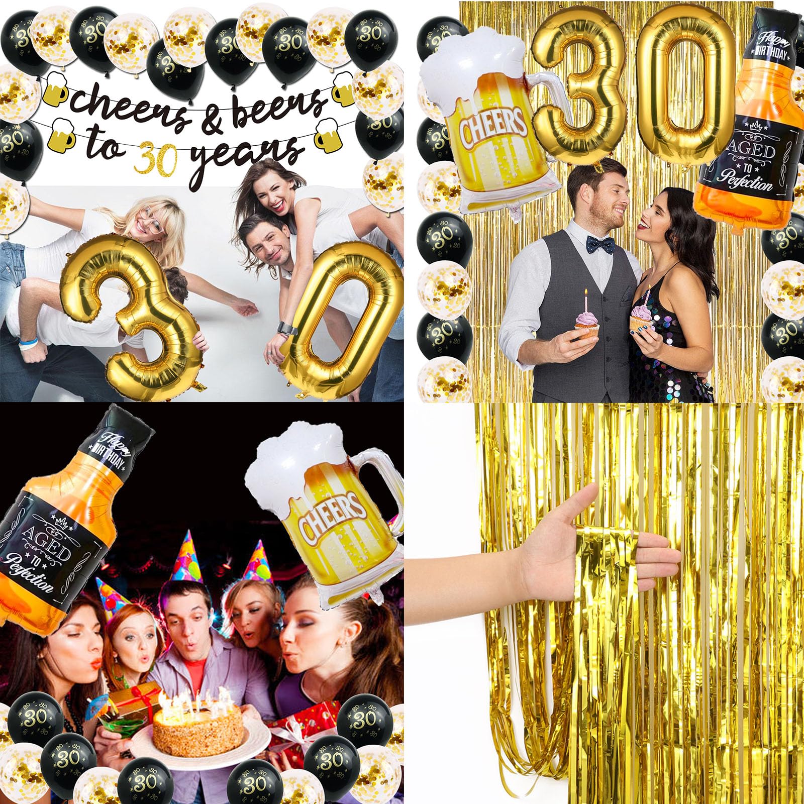 30th Birthday Party Decorations for Men - 40 Inch Gold Number 30 Balloons, Cheers to 30 Years Banner, Fringe Curtains & Foil Cups - Perfect for 30th Birthday Celebrations, Milestone Parties & Surprise Decor