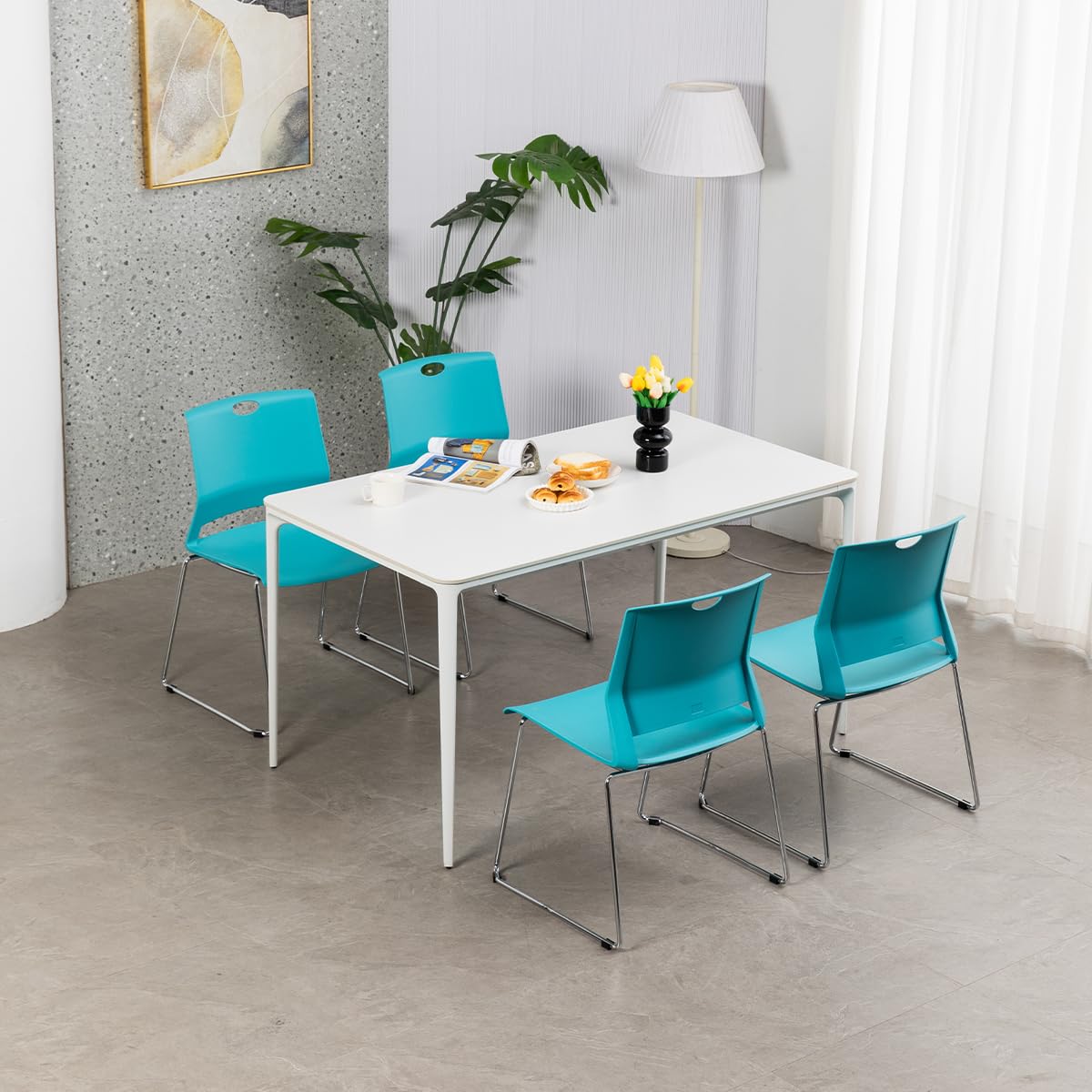 FULONG 4-Pack Blue Stackable Plastic Chairs - Armless Reception Chairs with Wide Seat for Classroom, Library, Dining Room - Perfect for Events, Parties & Home Use