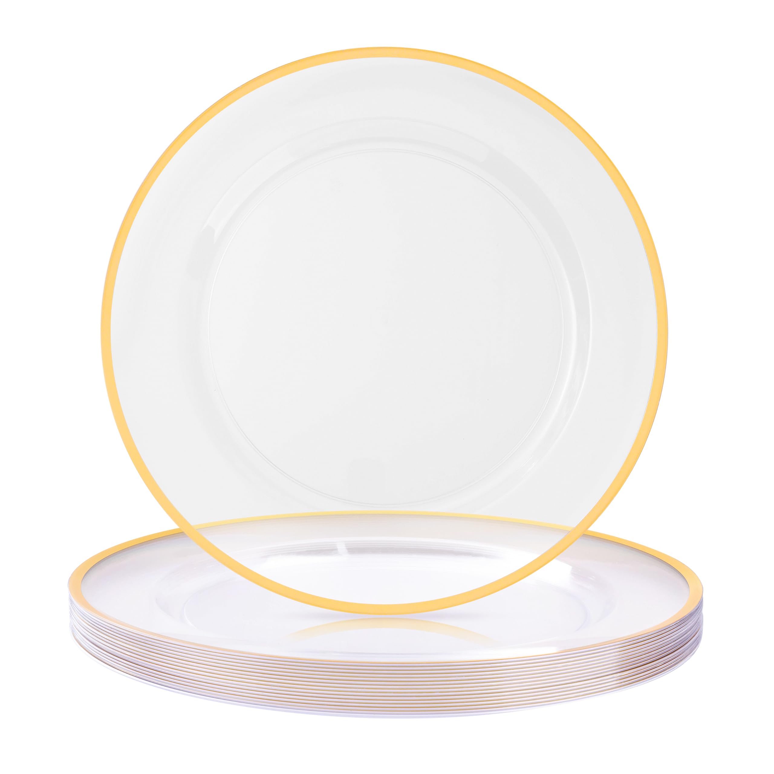 12 Inch Disposable Plastic Charger Plates - 15 Pack Clear Dinner Plates with Elegant Gold Rim - Perfect for Wedding, Party, Banquet & Holiday Table Decor - Ideal for Buffets, Catering & Formal Dining Events