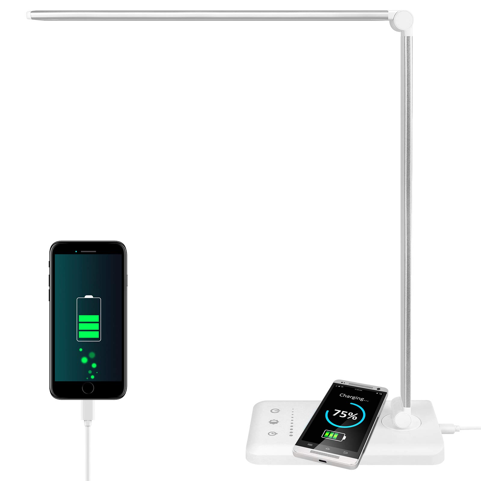 Zsosiky Eye-Caring LED Desk Lamp with Wireless Charger & USB Port - Dimmable Touch Control Table Lamp with 5 Lighting Modes & Alarm Clock for Home Office Study (Silver) | Perfect for Night Reading, Working & Charging Devices