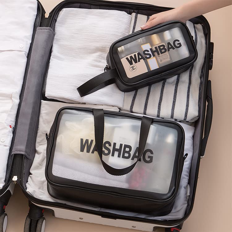 Trendegic Waterproof Clear PVC Zipper Cosmetic Travel Wash Bag - 3 Pack Toiletry Makeup Organizer Pouch for Women & Girls (Black) | Perfect for Travel, Gym, Camping & Daily Storage