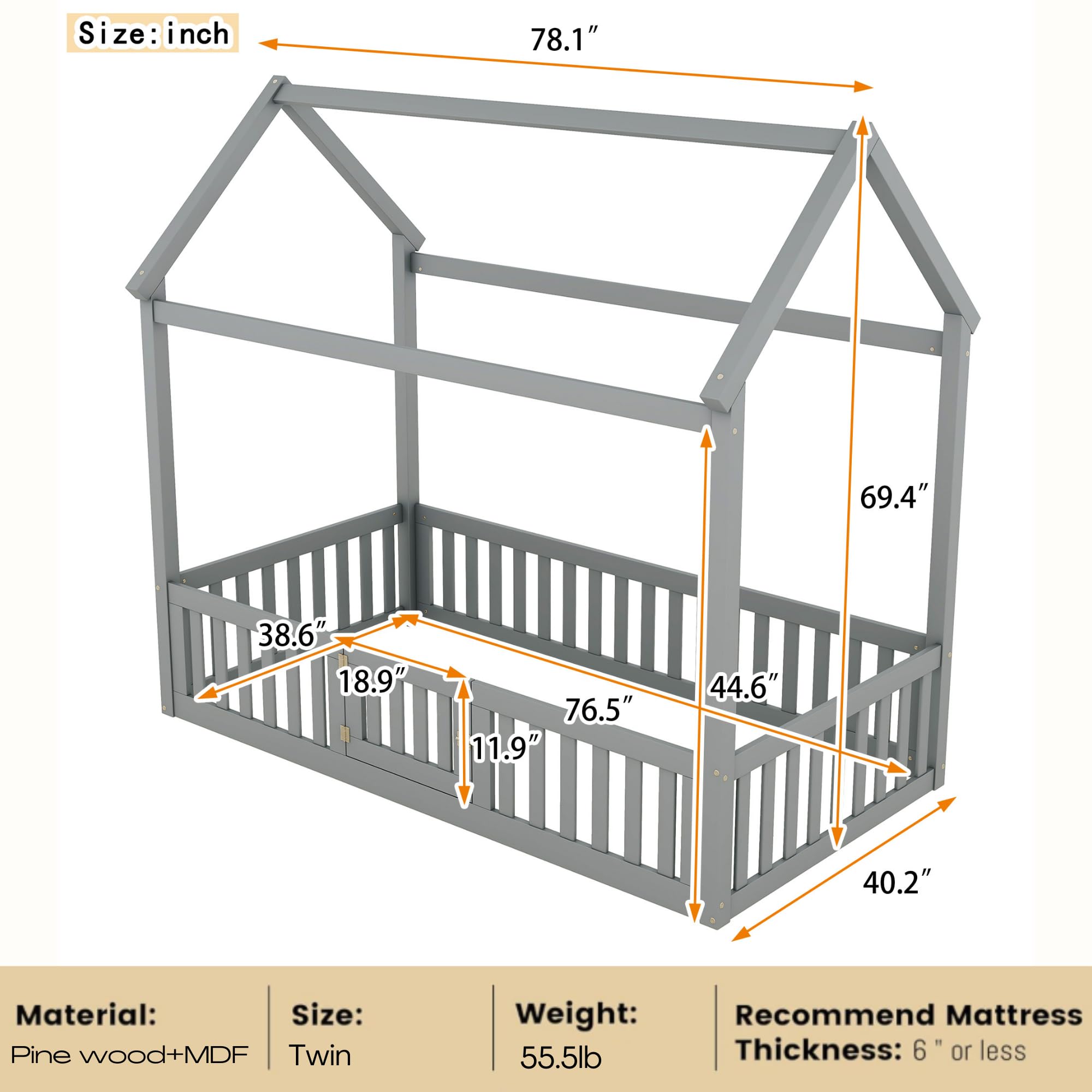 Montessori Twin Size Wooden Floor Bed with Fence & Door - Playhouse Style Bed Frame for Kids, Teens, Boys & Girls (Gray) - Perfect for Playrooms, Bedrooms & Montessori Learning Spaces