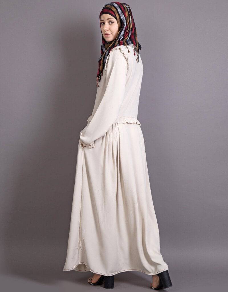 Elegant Arabic Raw Edge Pleated Waist Abaya Dress - Cream Color for Women | Perfect for Prayer, Modest Fashion & Special Occasions