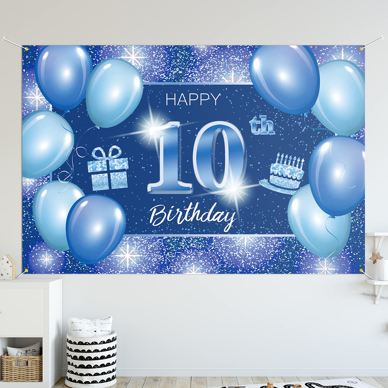 Happy 10th Birthday Backdrop Banner - Blue Dot Glitter Sparkle Party Decorations for Boys & Girls | 10 Years Old Birthday Party Theme Supplies | Perfect for Indoor & Outdoor Celebrations, Photo Booths, and Cake Tables