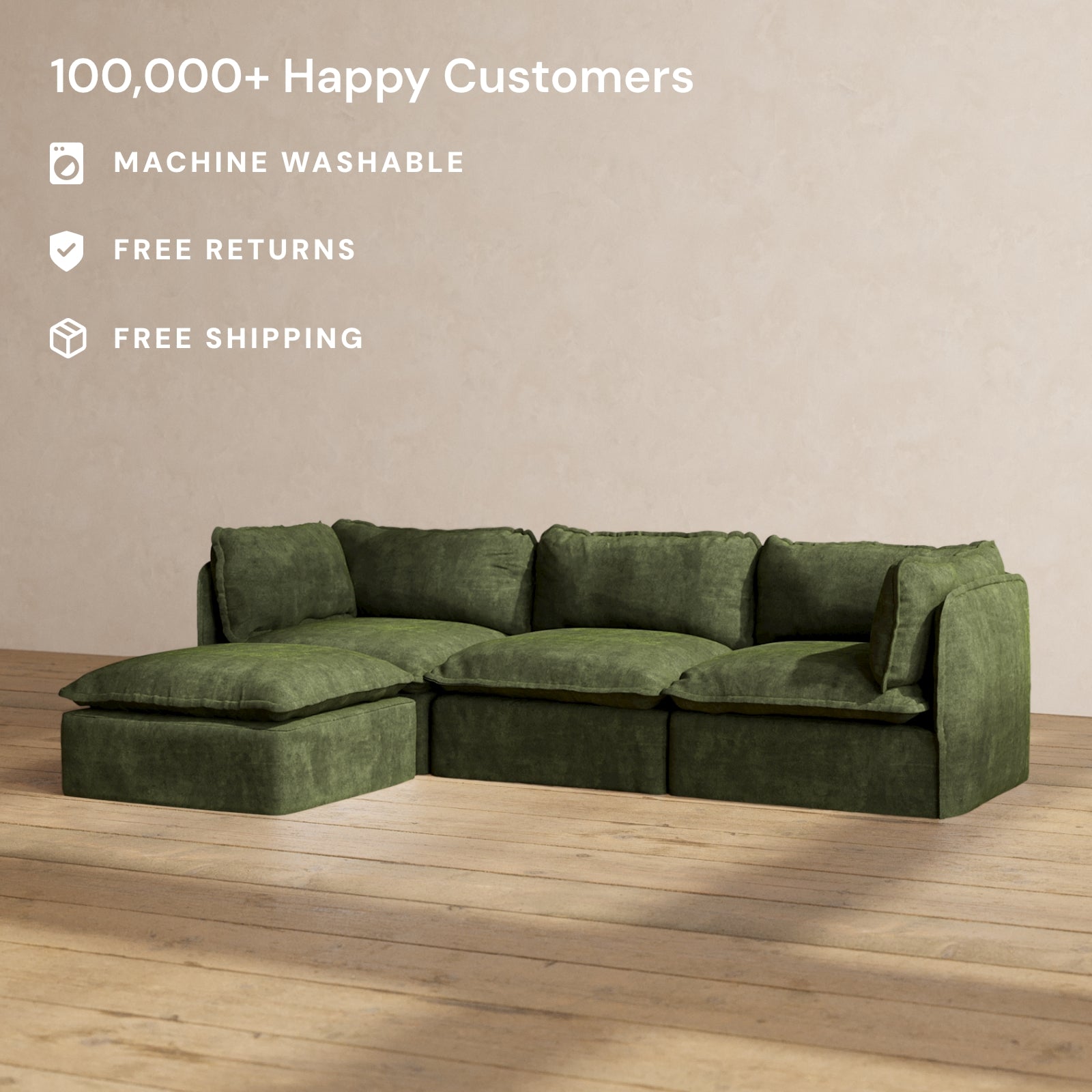 Modular Performance 3-Seater Sectional Sofa in Olive Green | Premium Relaxed Blend Fabric | Perfect for Living Room, Family Room & Home Theater