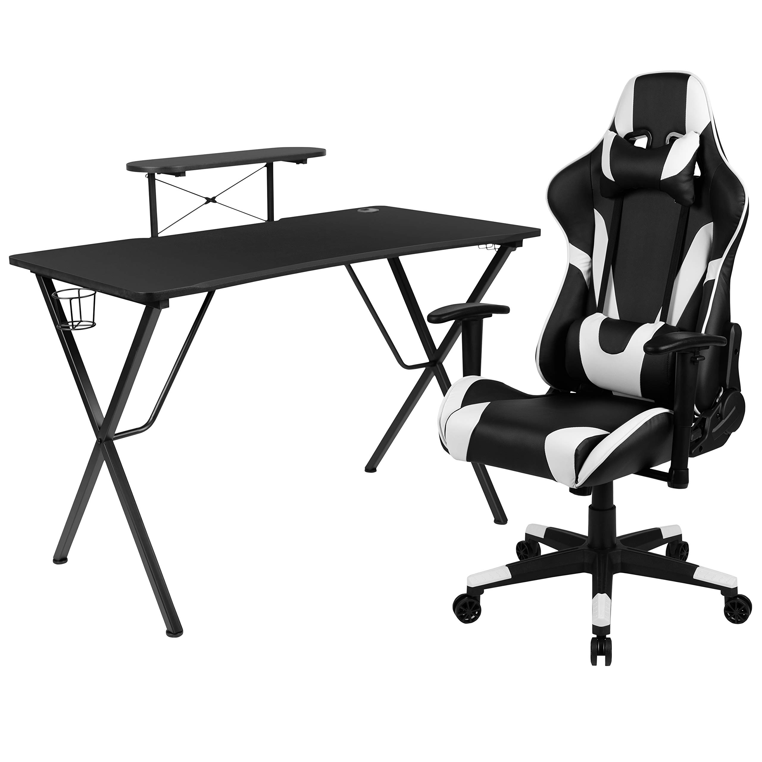 Premium Black Gaming Desk & Chair Set with Cup Holder, Headphone Hook & Monitor Stand - Ergonomic PC Gaming Setup for Streamers & Esports Players