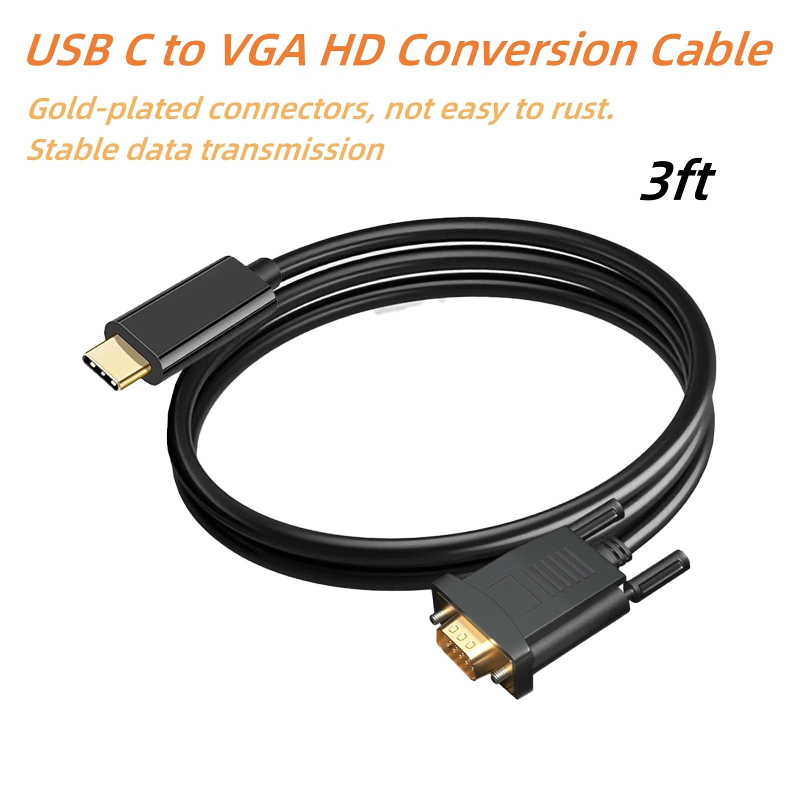 USB C to VGA Cable 3ft - Thunderbolt 3 to VGA Adapter for MacBook Pro/Air, iPad Pro, Windows Laptops - Connect to Monitor, Projector, HDTV - Ideal for Office Presentations, Home Theater & Gaming Setup