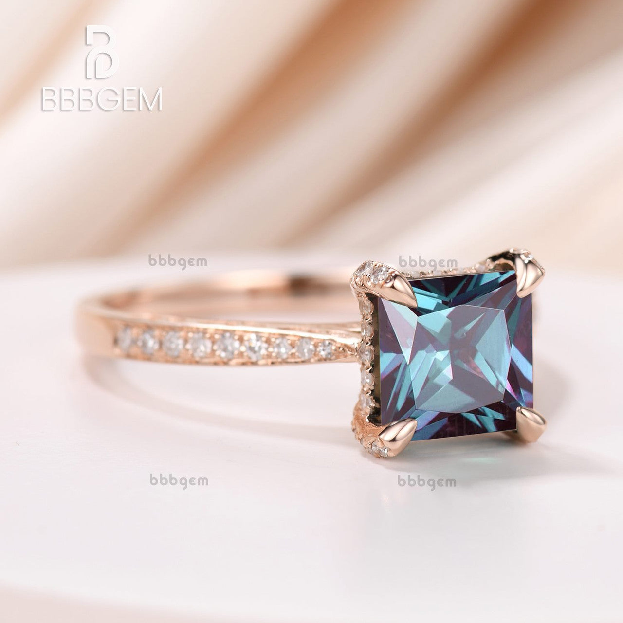 Hidden Halo Alexandrite Engagement Ring - Princess Cut Lab-Created Alexandrite with Diamond Accents | Perfect for Proposals, Weddings & Anniversary Gifts