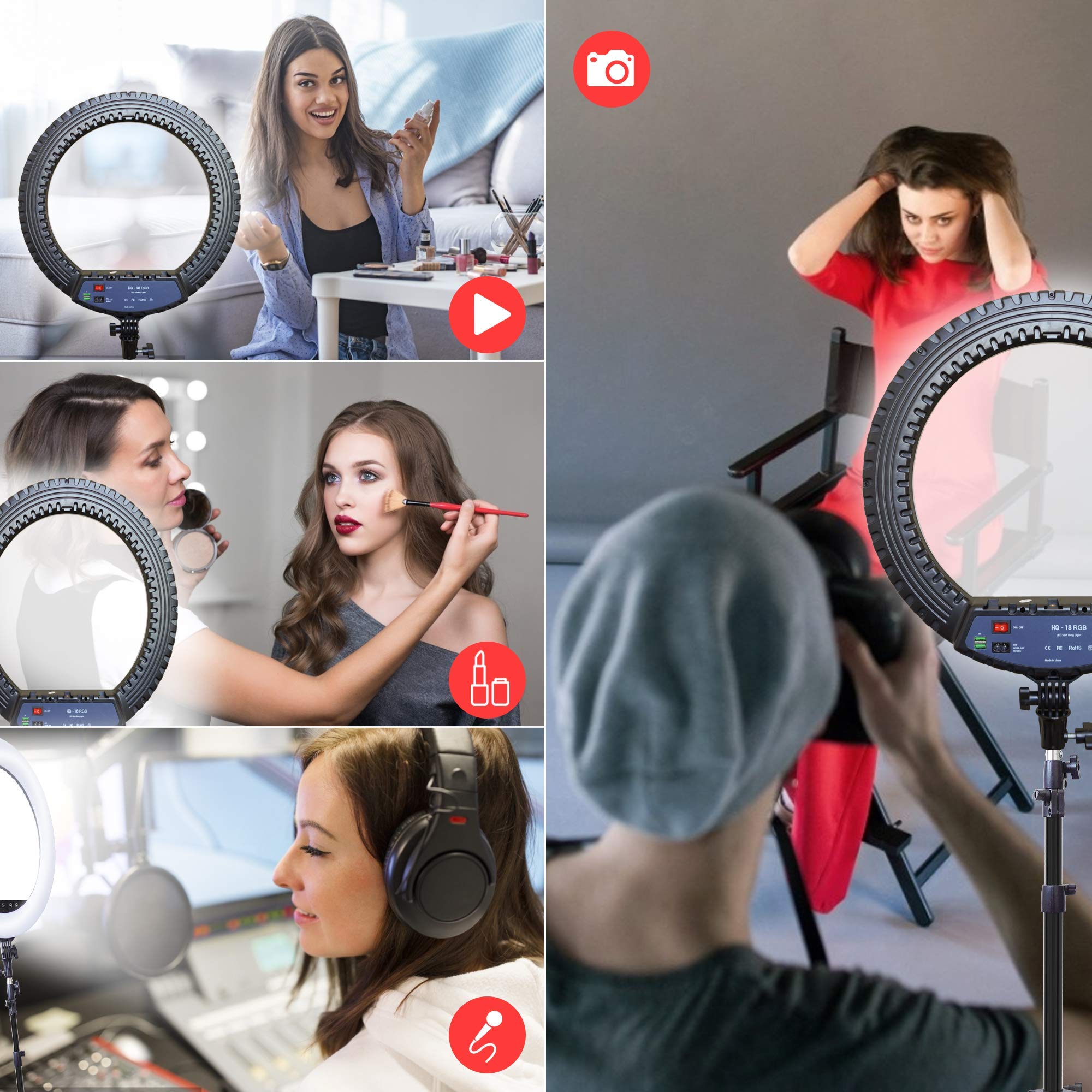 18 Inch Dimmable RGB LED Ring Light Kit - 3000K-6500K Color Temperature, 10 Brightness Levels up to 5000 Lux with Stand, Phone & Camera Holder & Wireless Remote - Perfect for Live Streaming, Makeup, YouTube Videos, TikTok Content Creation and Photography