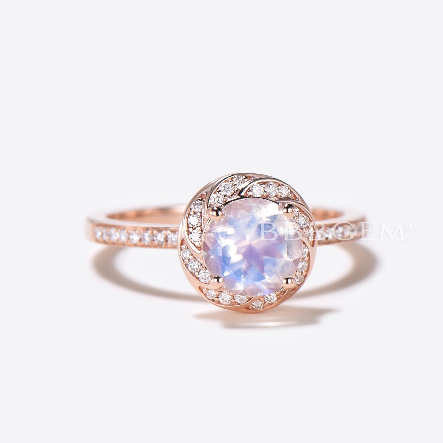 Rose Gold Natural Rainbow Moonstone Engagement Ring with Halo Diamonds - Elegant Wedding Band for Women, Perfect for Proposals, Anniversaries & Bridal Jewelry