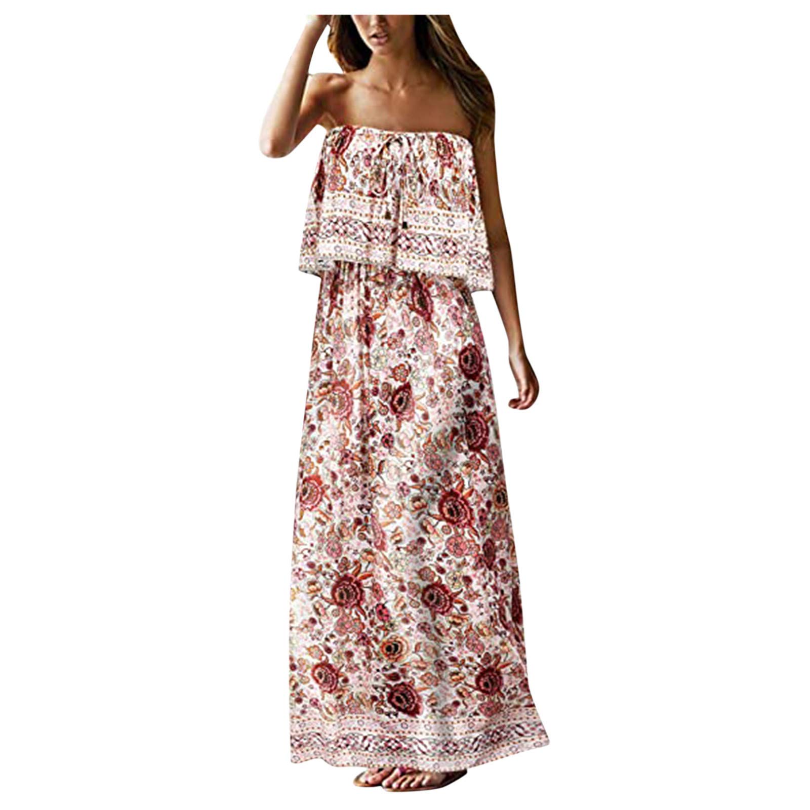 Elegant Strapless Long Summer Dress for Women - Bohemian Floral Print Beach Holiday Dress | Perfect for Date Nights, Vacations & Outdoor Parties