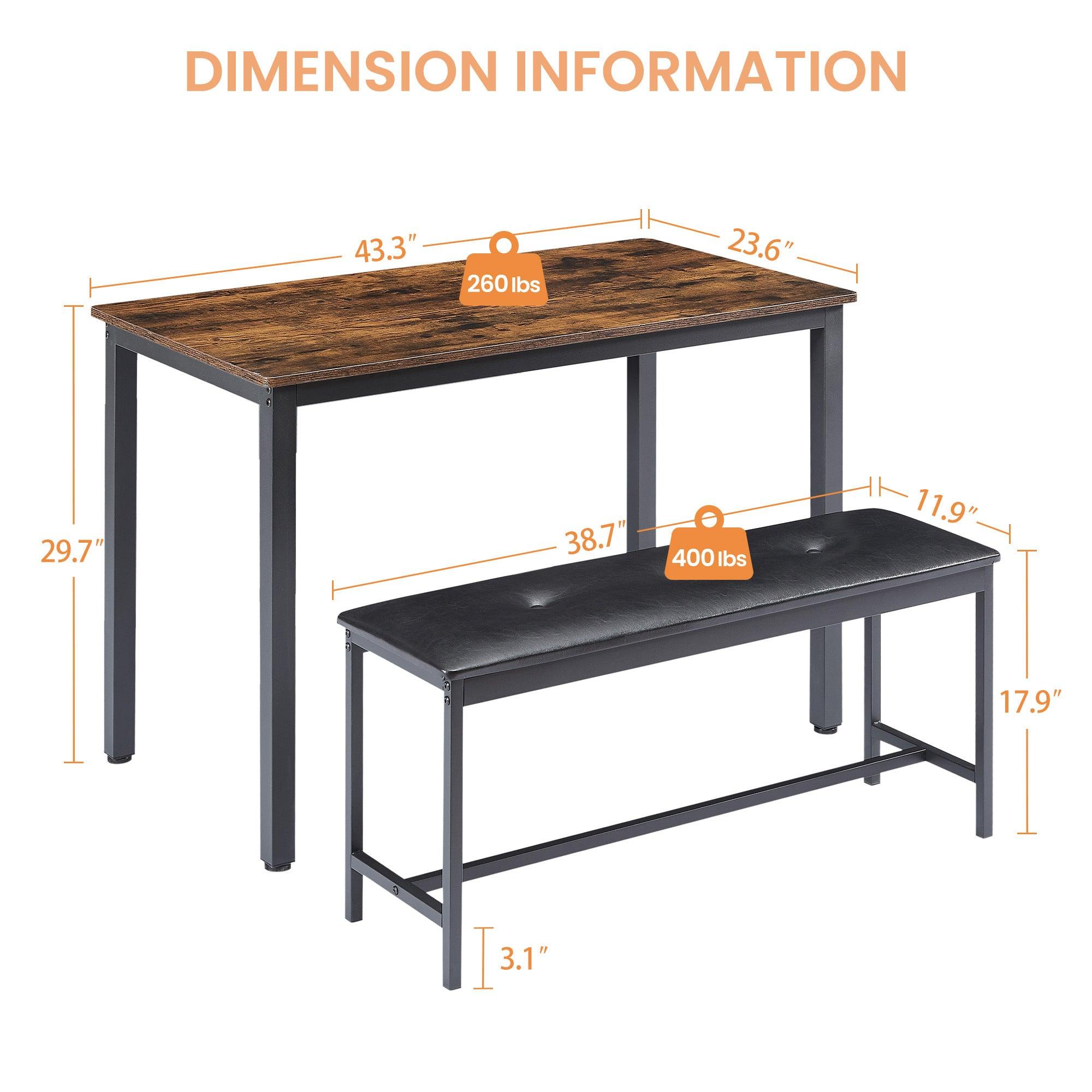 Industrial Style Dining Table Set with 2 PU Upholstered Benches - Rustic Brown Kitchen & Living Room Furniture (43.3