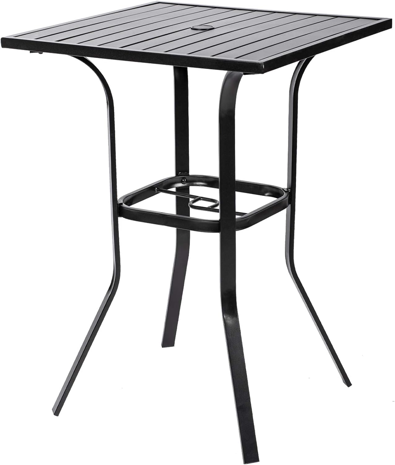 Black Metal Frame Outdoor Bar Table with Umbrella Hole - Patio Bistro Height Dining Table for Backyard, Deck & Poolside Gatherings