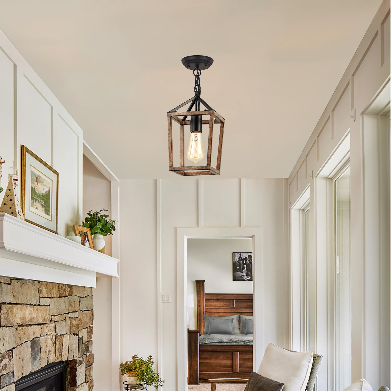 Farmhouse Pendant Light for Kitchen Island - Industrial Metal Hanging Light with Wood Grain Finish, Height Adjustable - Rustic Lighting Fixture for Dining Room, Entryway, Hallway & Kitchen Decor - Perfect for Farmhouse, Industrial & Modern Home Styles