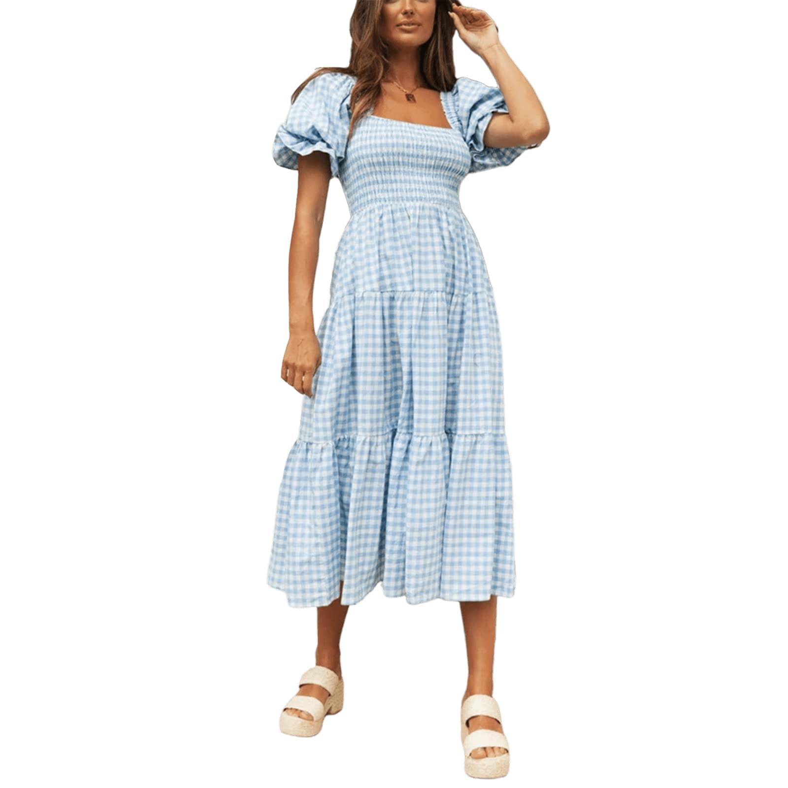 Women's Casual Summer Midi Dress - Plaid Gingham Square Neck, Puff Sleeve & Backless Smocked Design | Perfect for Spring Picnics, Beach Vacations & Summer Parties
