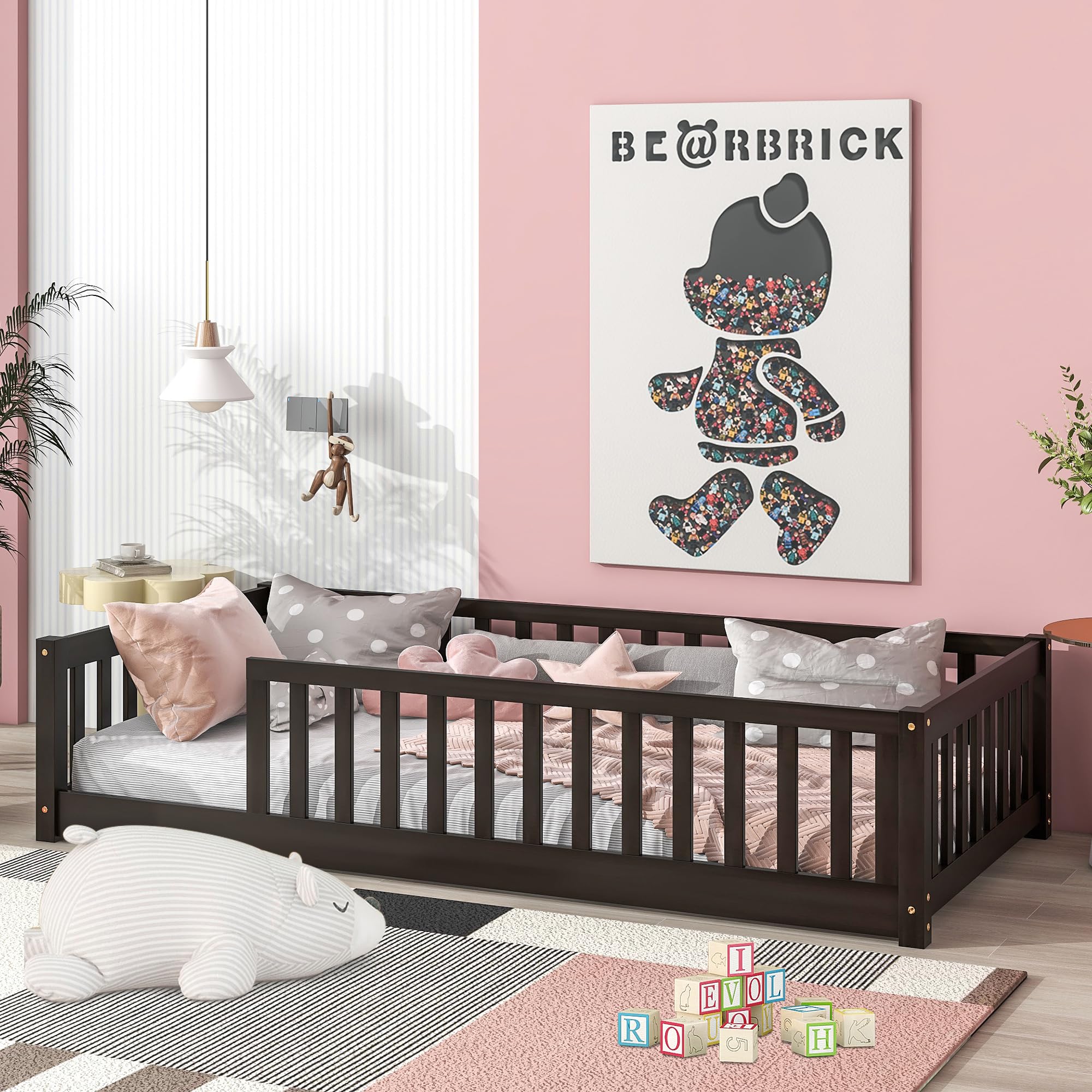 Montessori Twin Floor Bed for Kids - Solid Wood Frame with Sturdy Slats & Safety Rail - Durable Toddler Bed for Boys, Girls & Teens - Espresso Finish - Perfect for Montessori Rooms, Daycare or Small Spaces