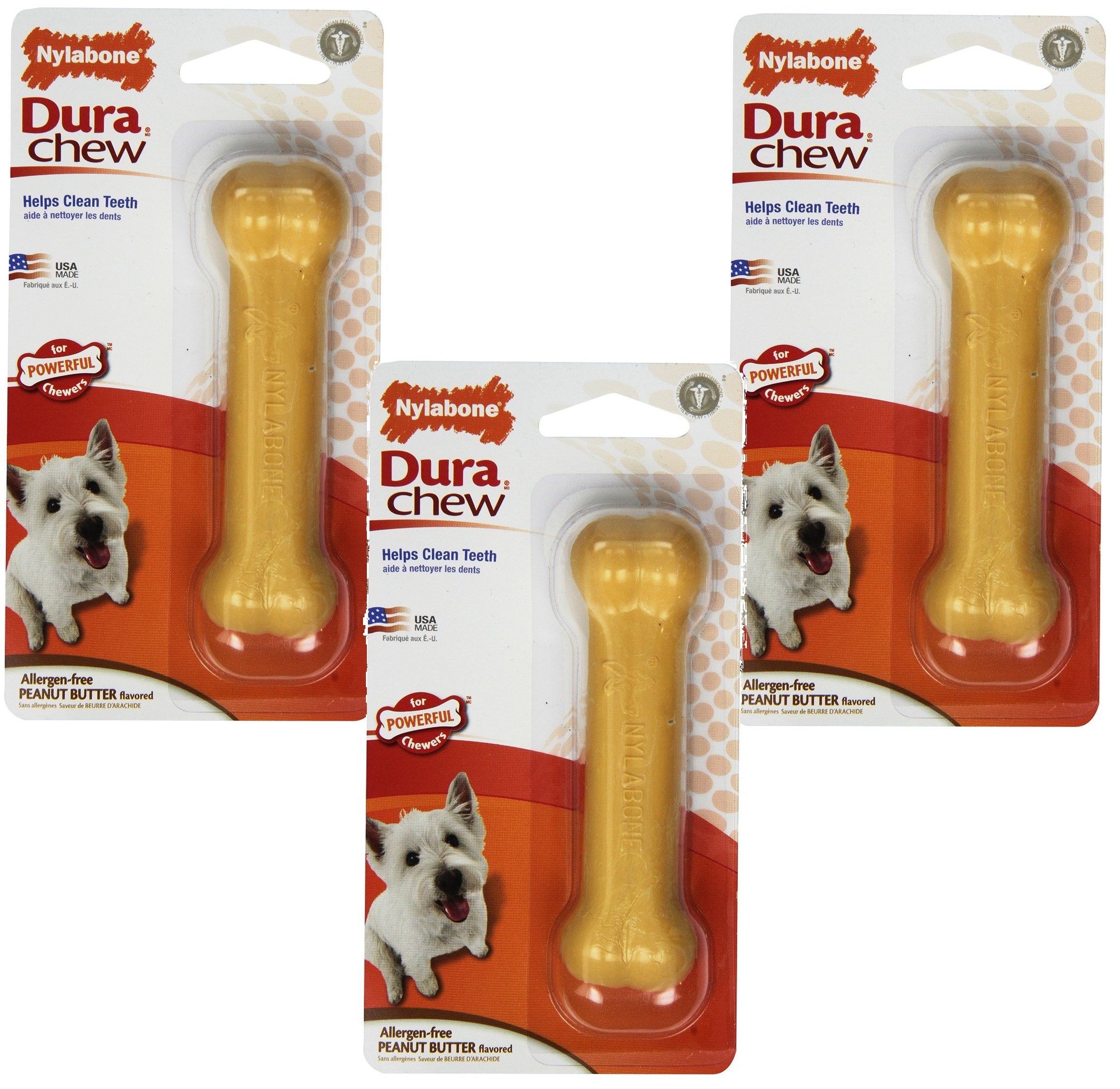 Nylabone Dura Chew Dog Chew Bones - Peanut Butter Flavor, 3 Pack - Long-Lasting Dental Chew Toys for Medium & Large Dogs - Perfect for Teething, Boredom & Dental Health