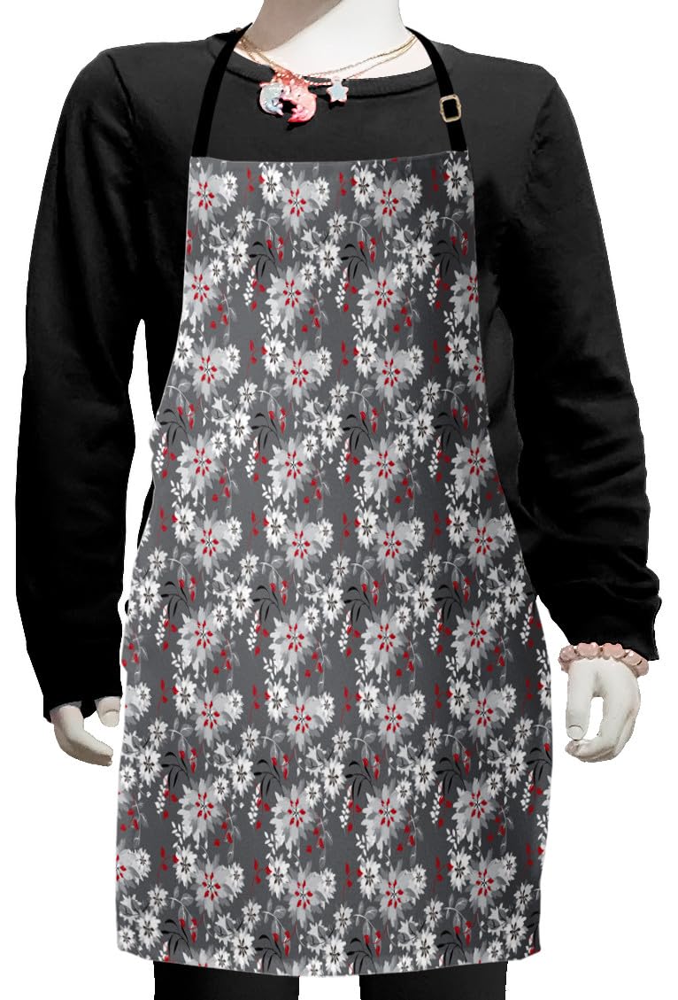 Ambesonne Floral Apron - Adjustable Ties Small Bib Apron for Baking, Painting & Cooking - Spring Nature Design with Greyscale Backdrop - Perfect for Home Chefs, Artists & DIY Enthusiasts
