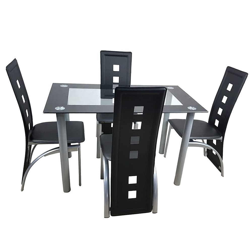 XIULAIQ 110cm Tempered Glass Dining Table Set with 4 Black & Transparent Chairs - Modern Kitchen & Small Space Dining Solution for Apartments & Condos