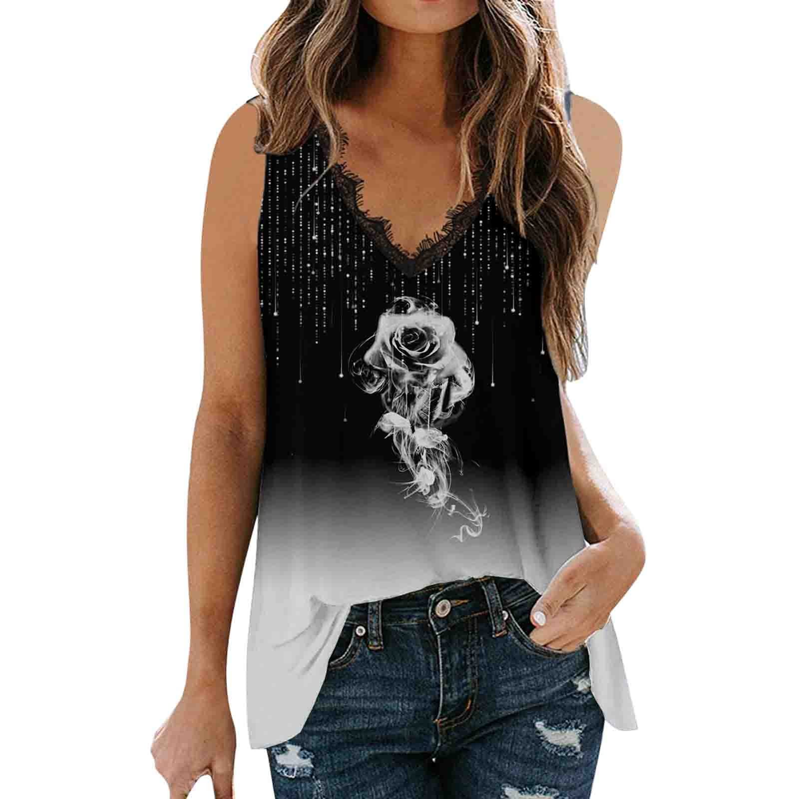 Women's Summer Sleeveless V-Neck Lace Tank Tops - Gradient Printed Casual Loose Fit Vest for Beach, Gym & Everyday Wear