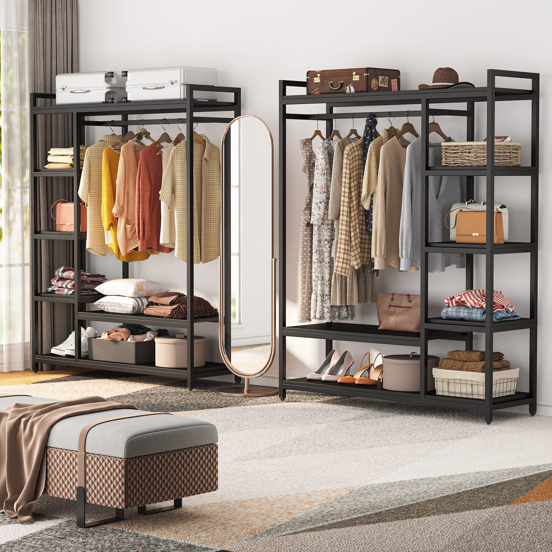 Free Standing Wood Closet Clothes Rack - Heavy Duty Garment Rack with Shelves, 350 lb Capacity - Bedroom Wardrobe Organizer for Hanging Clothes, Coats & Accessories - Perfect for Small Spaces, Dorm Rooms & Apartment Closets - Black