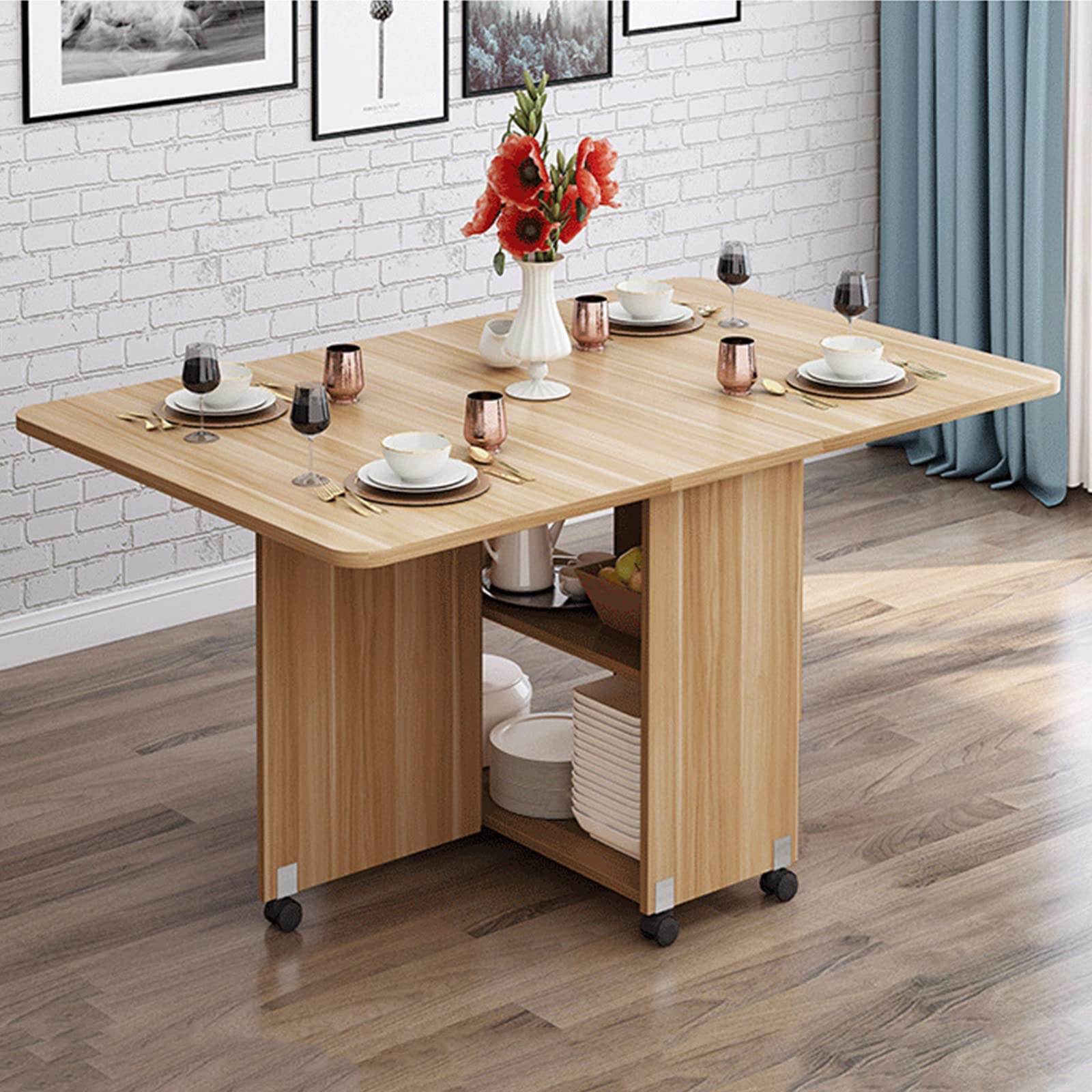 Modern Expandable Folding Dining Table with 2 Storage Racks & Wheels - Space Saving Drop Leaf Kitchen Table for Small Spaces - Perfect for Kitchen, Living Room, Home Office & Studio Apartments (1.4M)