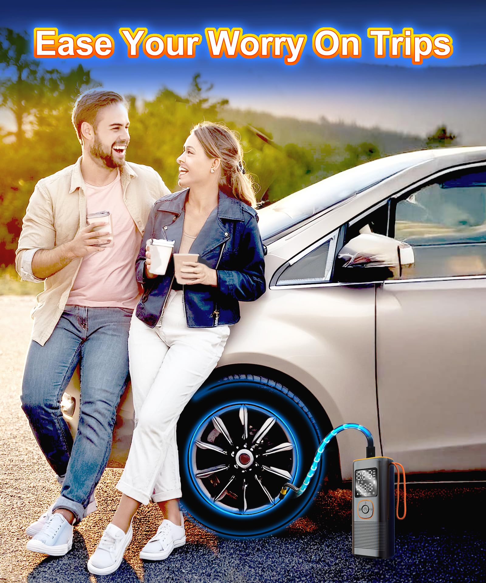 Portable Tire Inflator for Car & Motorcycle - 160PSI Air Compressor with Digital Pressure Gauge, LED Light - Fast Inflation for Car Tires, Bike, Sports Balls - Perfect for Road Trips, Emergency Use & Home Garage
