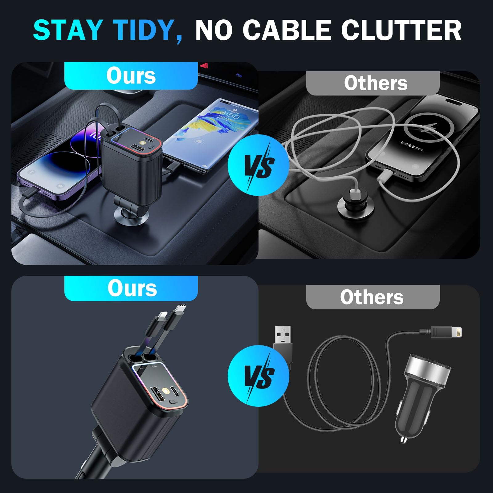 66W Fast Car Charger with Starlight - 4-in-1 Retractable USB C Car Adapter with 2 Ports - Compatible with iPhone 16/15/14/13/12/11 & Android Phones (Black) - Perfect for Road Trips & Daily Commuting