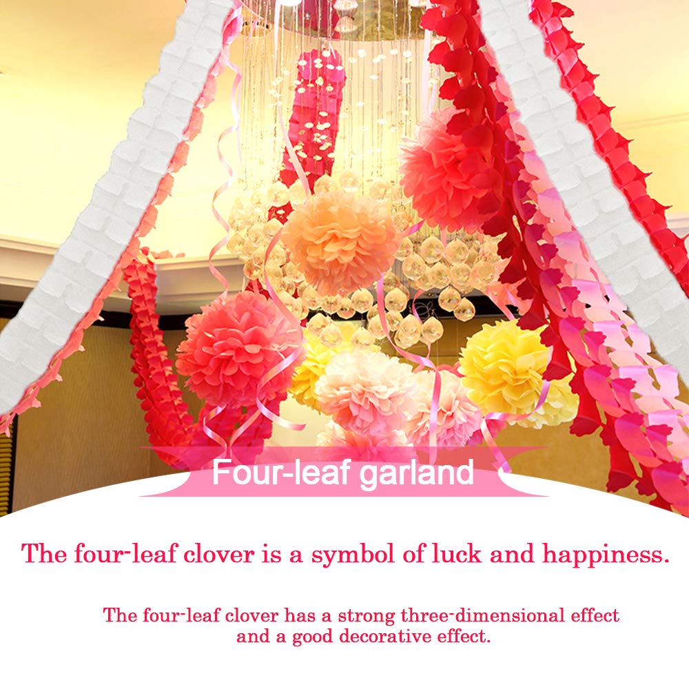 Reusable Party Streamers - 6 Pack 11.81ft/3.6M Four-Leaf Clover Paper Flower Garland for St. Patrick's Day, Wedding, Birthday Party Decorations (Pink, White, Orange) - Perfect for Baby Showers, Bridal Showers & Holiday Celebrations