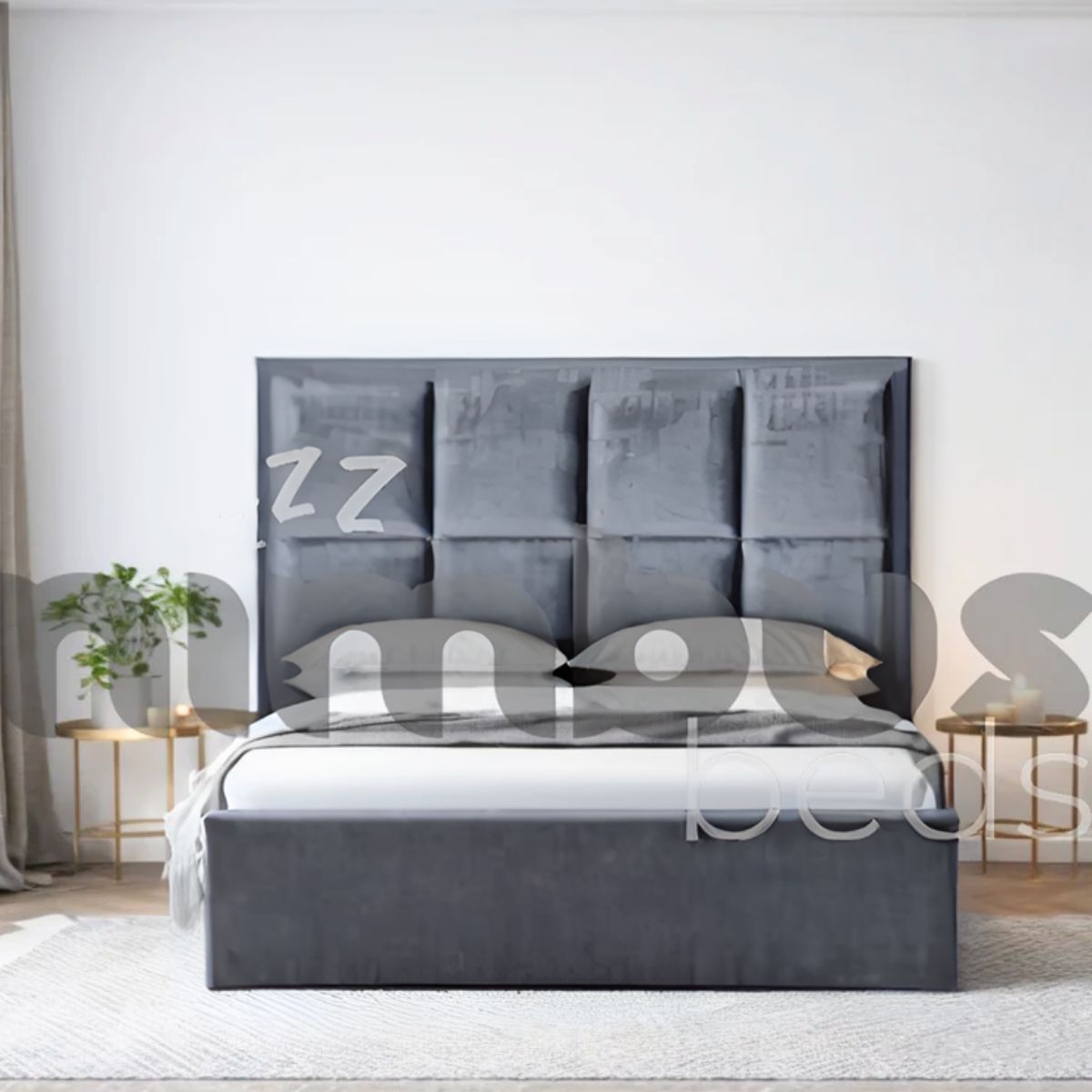 8 Square Panel Bed Frame - Queen Size Wooden Platform Bed with Upholstered Headboard - Perfect for Modern Bedrooms & Guest Rooms