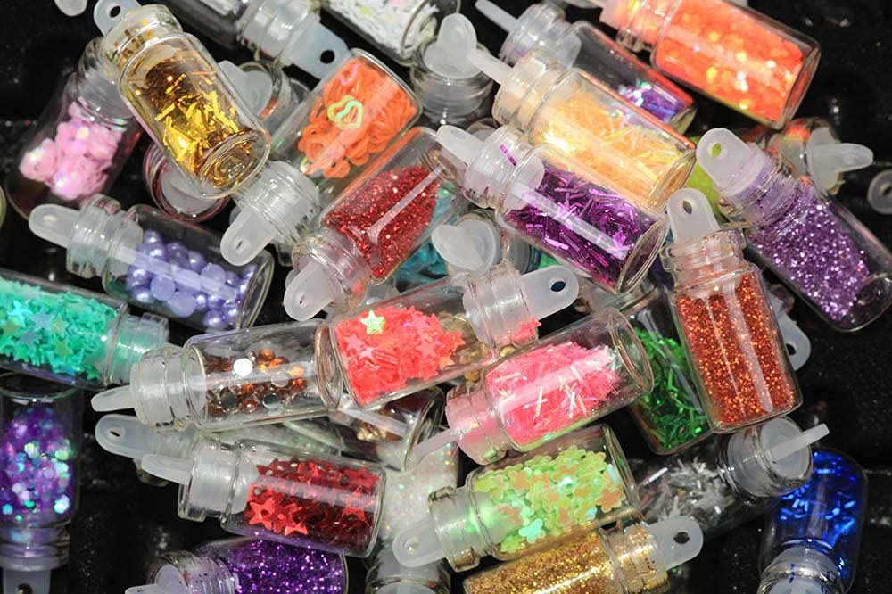 FAMEZA 48-Piece 3D Nail Art Decoration Kit - Mini Glass Bottles with Free Nail Art Tweezer for DIY Manicure, Nail Salon & Home Decor
