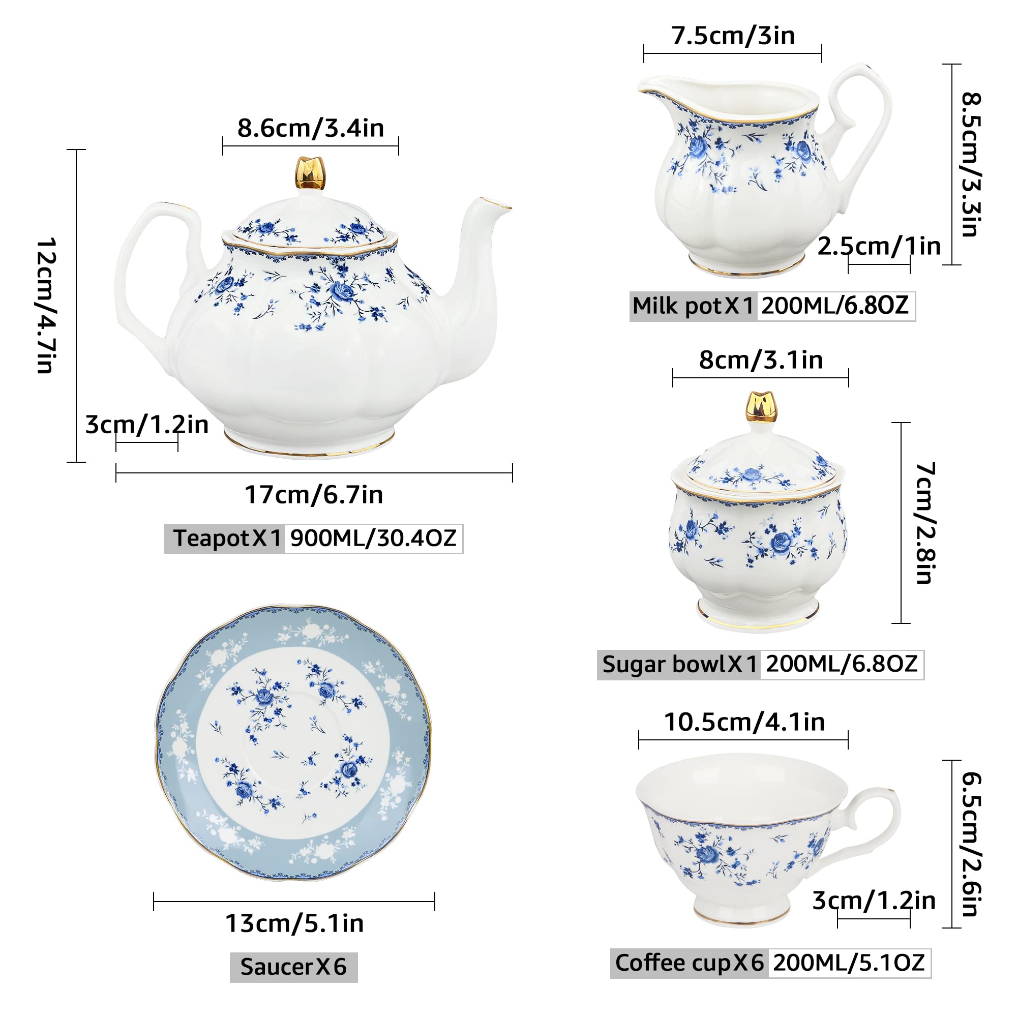 Fanquare 21-Piece Floral Porcelain Tea Set - British Style Tea Cup & Saucer Set for 6, Elegant Blue Roses Tea Party Collection - Perfect for Afternoon Tea, Bridal Showers & Mother's Day Gifts