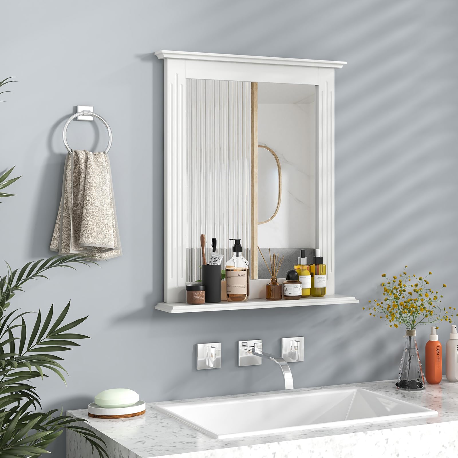 Tangkula Rectangle Bathroom Wall Mirror with Shelf - Over Sink Vanity Mirror for Dressing Room, Washroom & Bedroom - Modern Wall Mounted Mirror (White) - Perfect for Makeup, Shaving & Home Decor