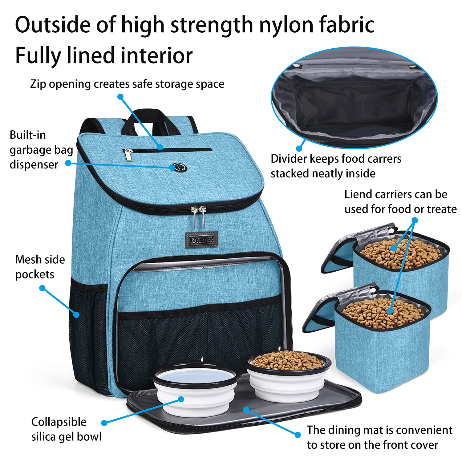 BAGLHER Airline Approved Dog Travel Backpack - Pet Carrier with 2 Collapsible Bowls & Food Containers for Small Medium Dogs - Perfect for Air Travel, Hiking, Camping & Outdoor Adventures
