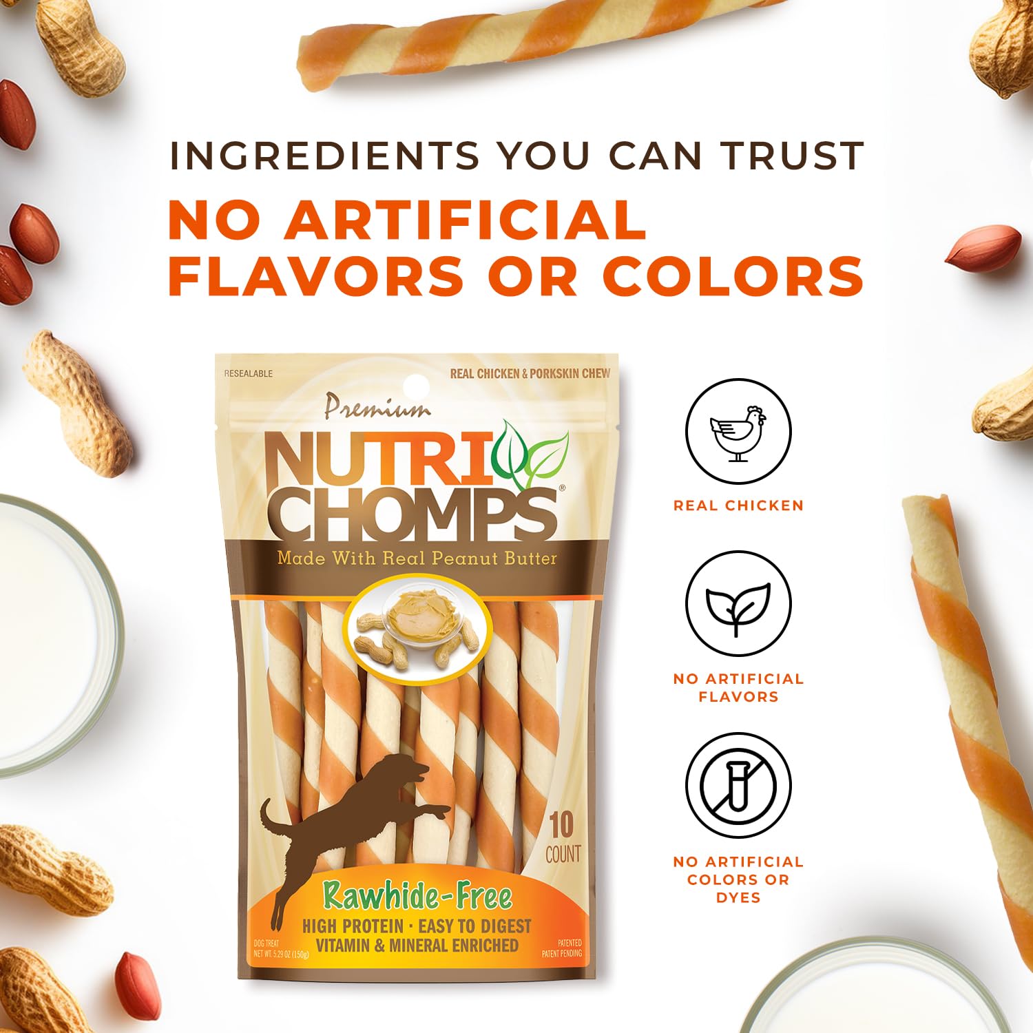 NutriChomps 5-inch Easy Digestible Rawhide-Free Dog Chews - Peanut Butter Flavored Dental Treats for Medium & Large Dogs (10 Count) - Perfect for Training Rewards & Teeth Cleaning