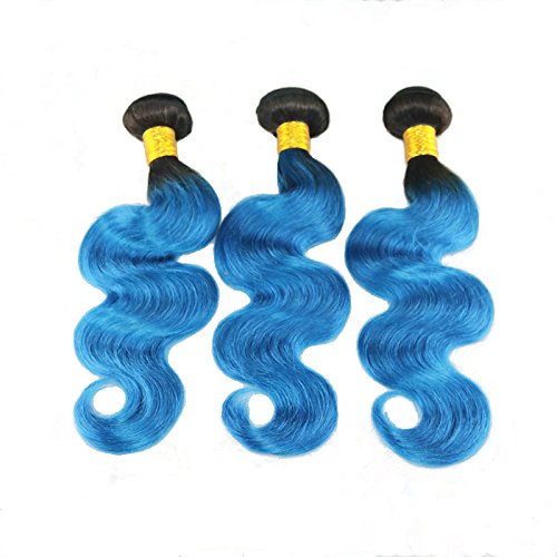 6A Grade Ombre Brazilian Virgin Human Hair Weave - 3 Bundles 12 Inches Body Wave #T1B/Blue - Perfect for Extensions, Wigs & Styling