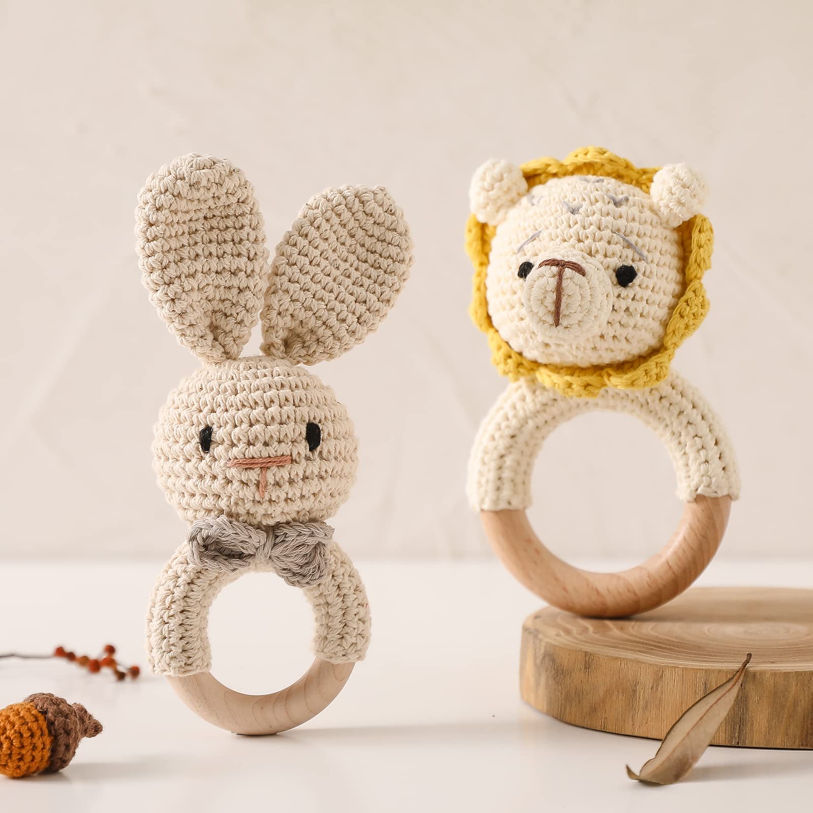 Handmade Wooden Baby Rattle - Organic Bunny & Lion Set for Newborns | Early Learning & Sensory Play