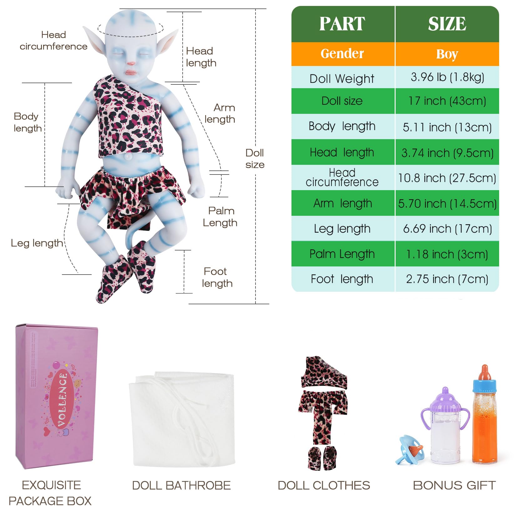 Vollence 17 Inch Full Body Silicone Baby Doll - Realistic Avatar Na'vi Reborn Doll for Boys & Kids | Perfect for Role Play, Gift Giving & Collecting