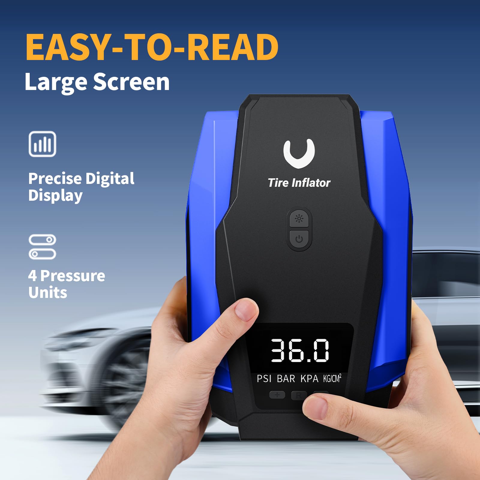 Portable Tire Inflator Air Compressor - 12V DC Car Air Pump with Auto Shutoff & LED Light for Cars, Bikes, Motorcycles - Emergency Roadside Assistance & Home Garage Use (Blue, Large)